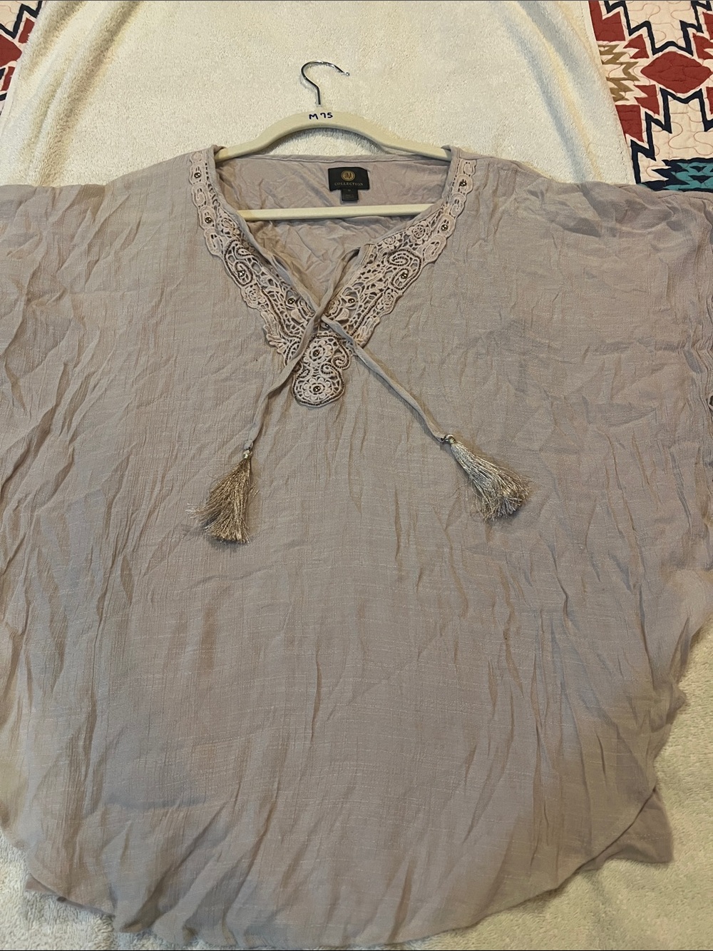 JM Collection Taupe Lace-Trim V-Neck Tassel Tunic